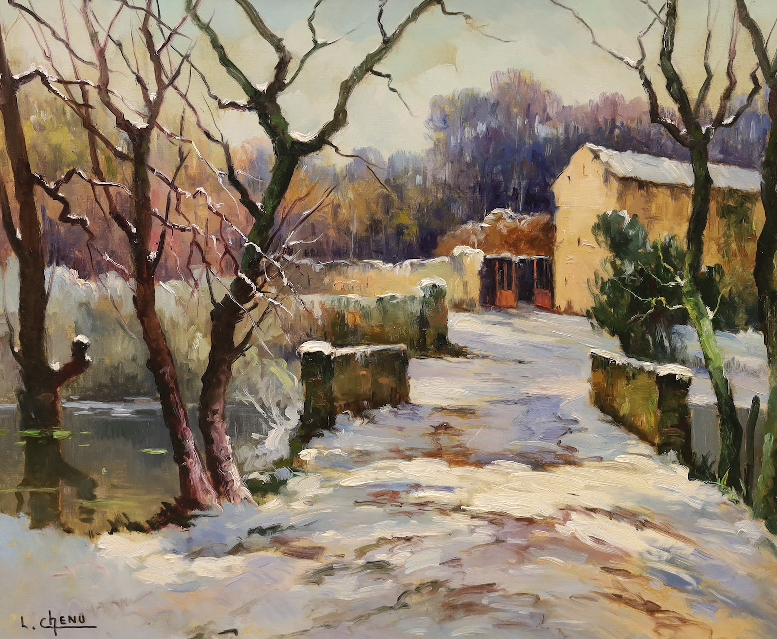 L Chenu, oil, “Winter landscape”, signed, 52 x 64cm
